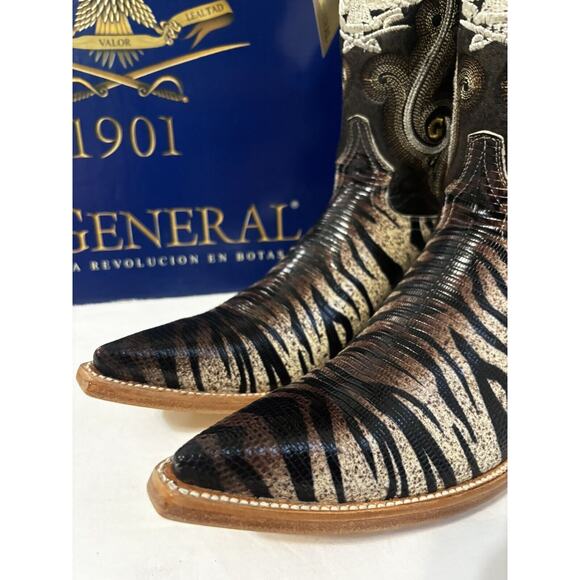 El General Cowboy Boots Mens Sz 8 Tiger Stripe Lizard Skin Exotic Leather Brown - Picture 6 of 16